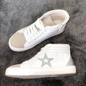 High top platform sneakers silver white tan 7